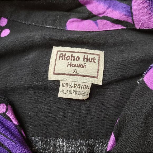 Aloha Hut Hawaii Purple Black Floral Casual Short Sleeve Hawaiian Shirt XL - Picture 3 of 5